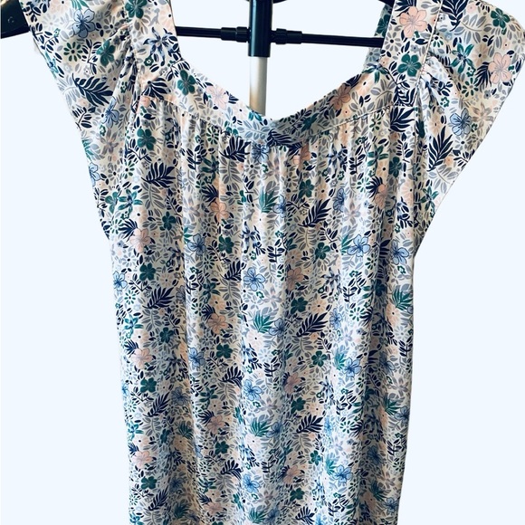 LOFT White and Blue Smocked Cap Sleeve Blouse - Picture 2 of 5